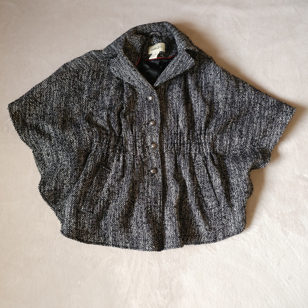 Jonathan Stone Black White Tweed Wool Blend Buttoned Cape Coat
